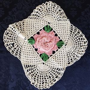 VTG 50's Raised Hand Crochet Pink Rose Green White Flower Doily 11x11 Dresser